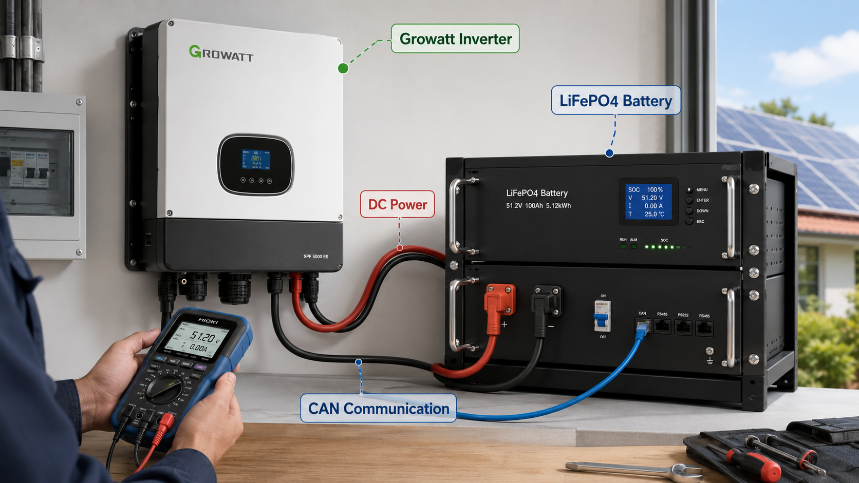 Growatt inverter and CHSHNY battery wiring example